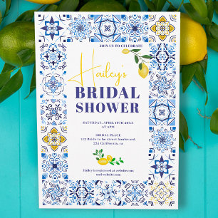 Lemon Italian blue tiles watercolor bridal shower  Invitation