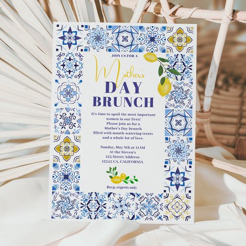 Lemon Italian blue tiles watercolor mothers day Invitation