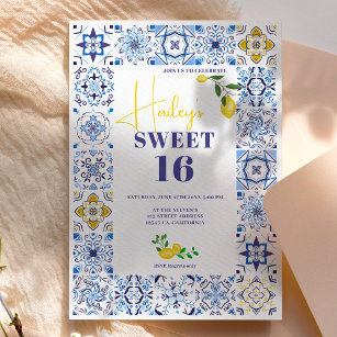 Lemon Italian blue tiles watercolor Sweet 16 Invitation
