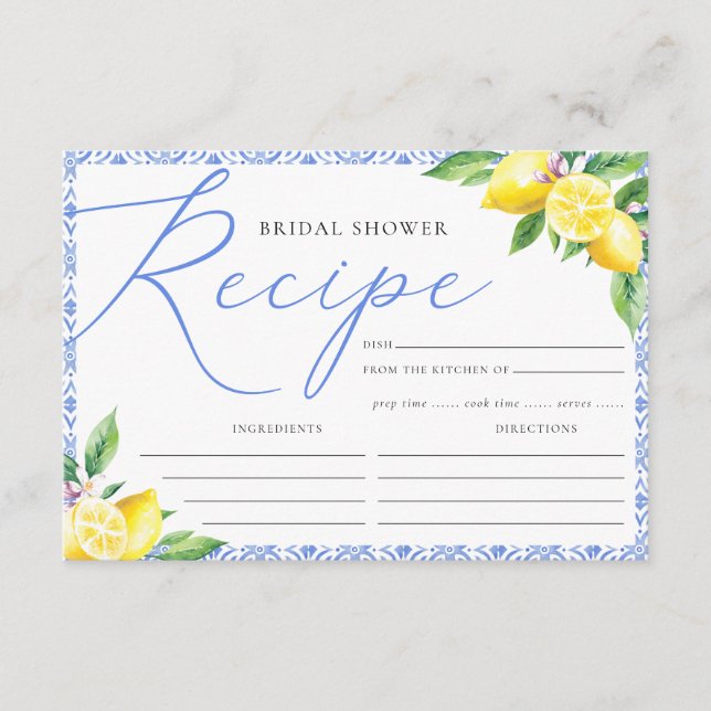 Lemon Italian Positano Blue Bridal Shower Recipe Enclosure Card (Front)