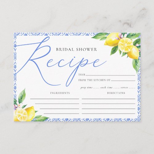 Lemon Italian Positano Blue Bridal Shower Recipe Enclosure Card