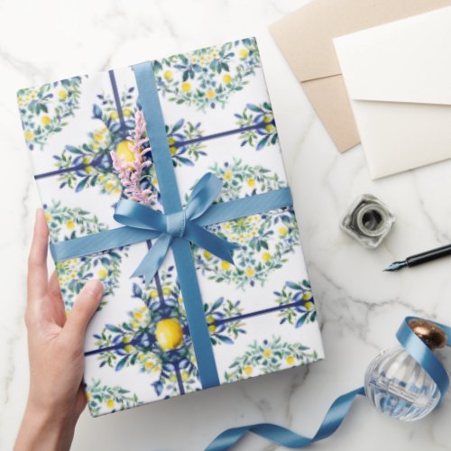 Lemon Italian Tile Blue and White Floral Decoupage Wrapping Paper