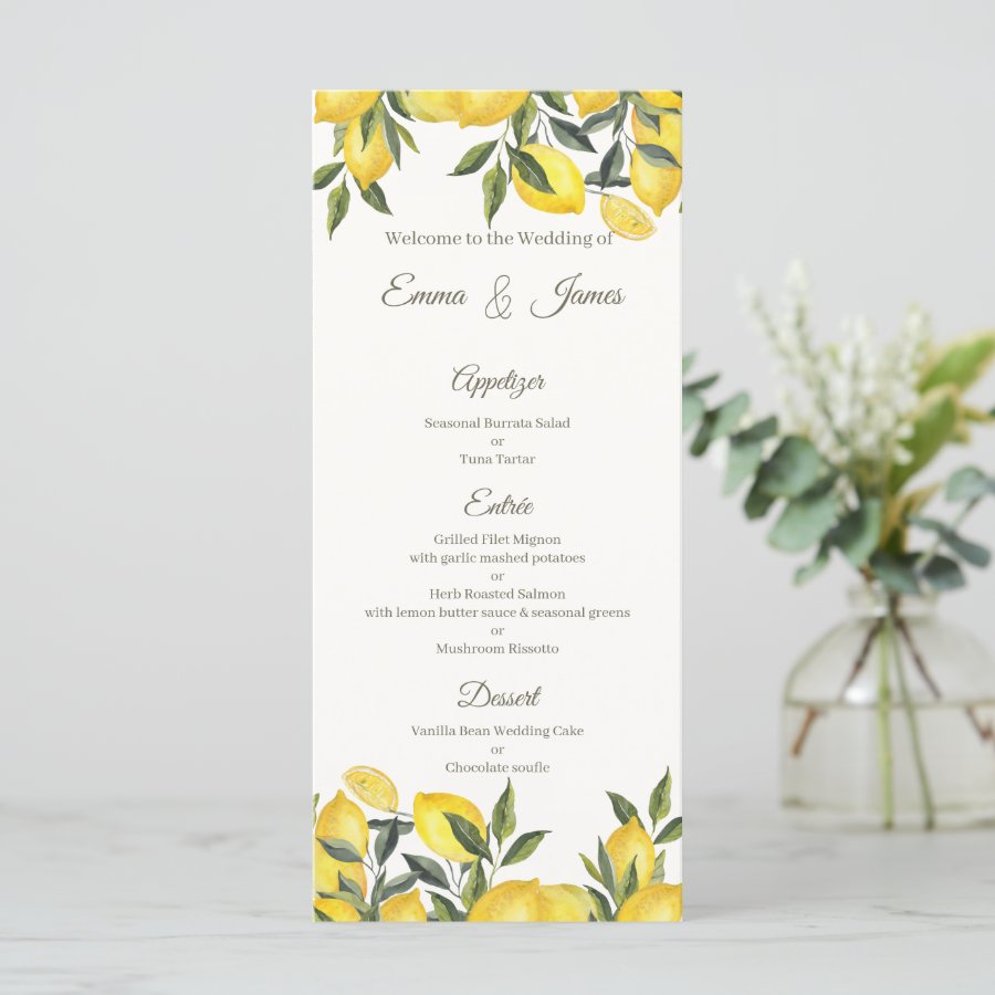 Lemon Italy Personalized Wedding Menu Card
