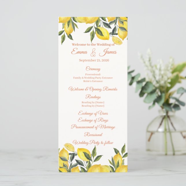 Lemon Italy Personalized Wedding Program Template (Standing Front)