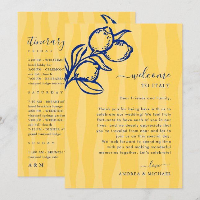 Lemon Italy Wedding Welcome Letter Itinerary Card (Front/Back)