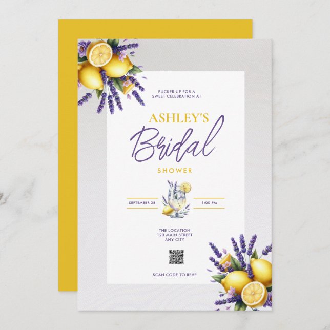 Lemon Lavender QR Code Bridal Shower Invitation (Front/Back)