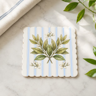 Lemon Leaf Blossom Blue Stripe Coaster