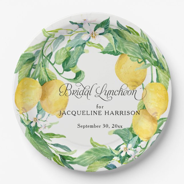 Lemon Leaf Greenery Floral Wreath Bridal Luncheon Paper Plates (Front)