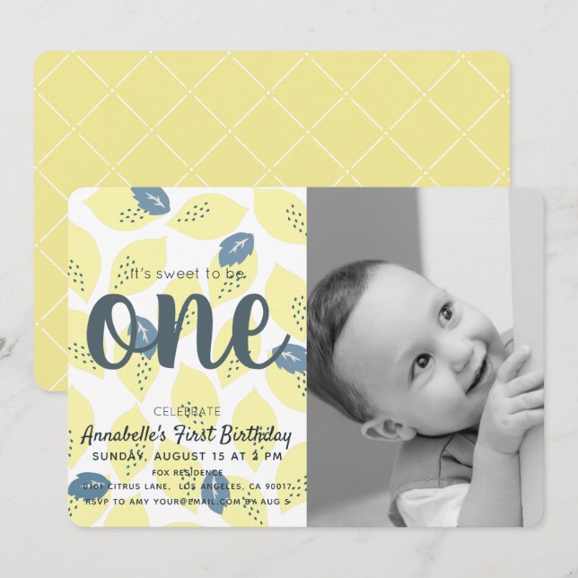 Lemon & Leaf Photo 1st Birthday Party Invitation (Front/Back)