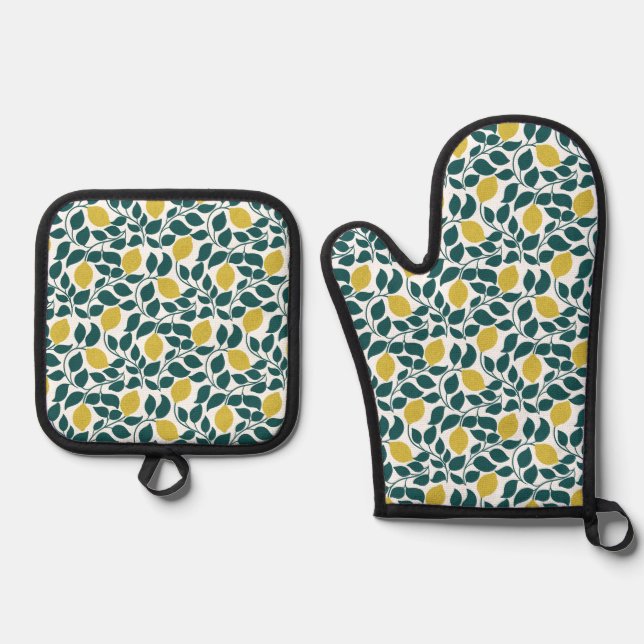 Lemon & Leaf Print Summer Kitchen Oven Mitt & Pot Holder Set (Front)