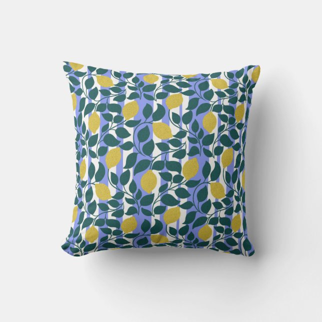 Lemon & Leaf Stripe Blue Botanical Summer  Throw Pillow (Front)