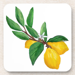 Lemon Leaf Watercolor Design Fresh Citrus Beverage Coaster