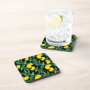 Lemon Leaf Yellow Green Black Watercolor Drink Beverage Coaster