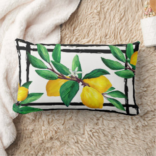 Lemon Leaves Citrus Yellow Green Leaf Black Line Lumbar Pillow
