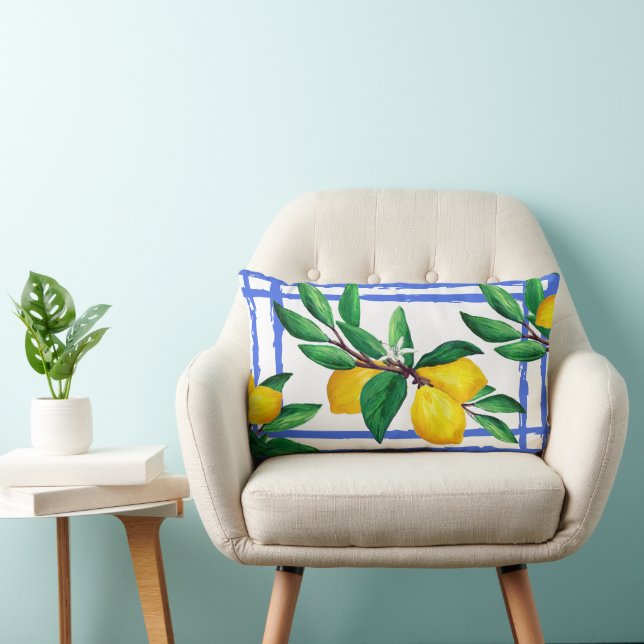 Lemon Leaves Citrus Yellow Green Leaf Blue Lattice Lumbar Pillow (Chair)