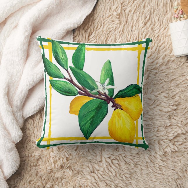 Lemon Leaves Citrus Yellow Green Leaf Lattice Throw Pillow (Blanket)