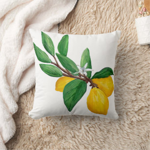 Lemon Leaves Citrus Yellow Green Leaf Watercolor Throw Pillow