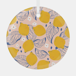 Lemon Leaves: Pink Vintage Seamless. Glass Ornament