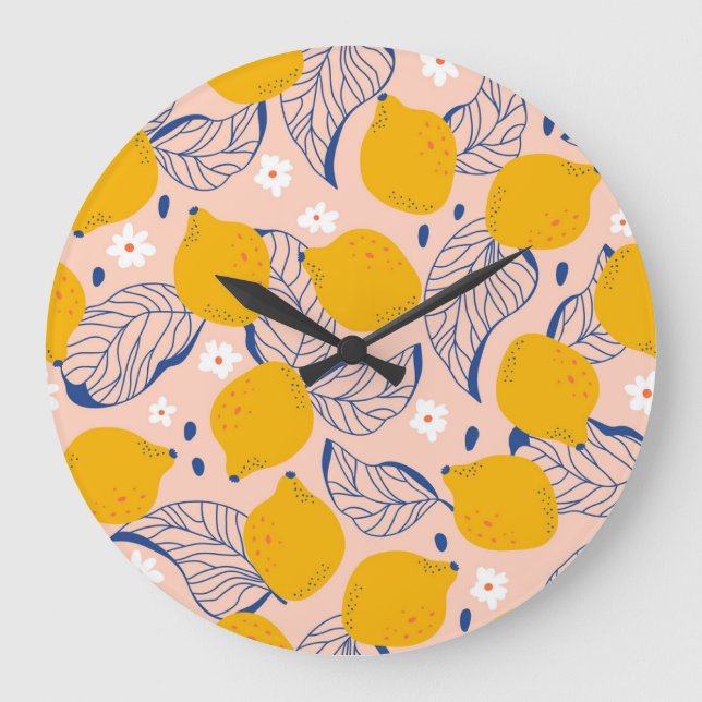 Lemon Leaves: Pink Vintage Seamless. Large Clock (Front)
