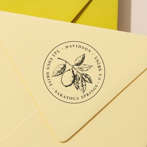 Lemon Leaves Rustic Botanical Round Return Address Rubber Stamp