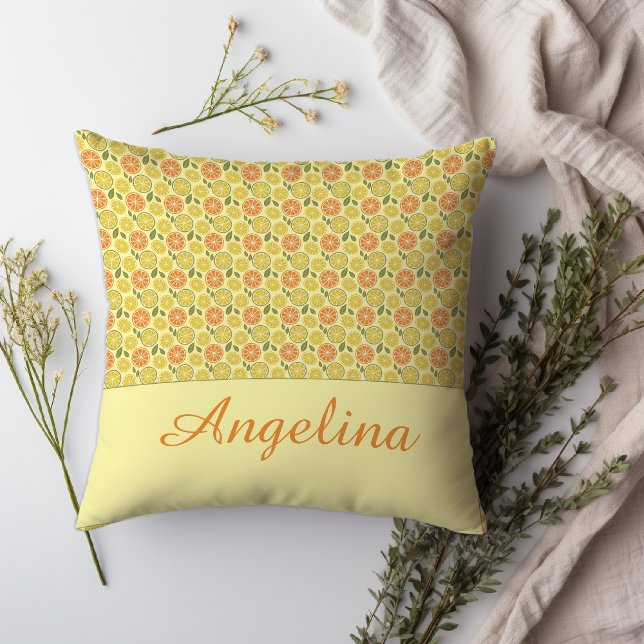 Lemon leaves white yellow orange Pattern name  Throw Pillow (Get ready to snuggle up with our super-cozy Throw Pillow!)