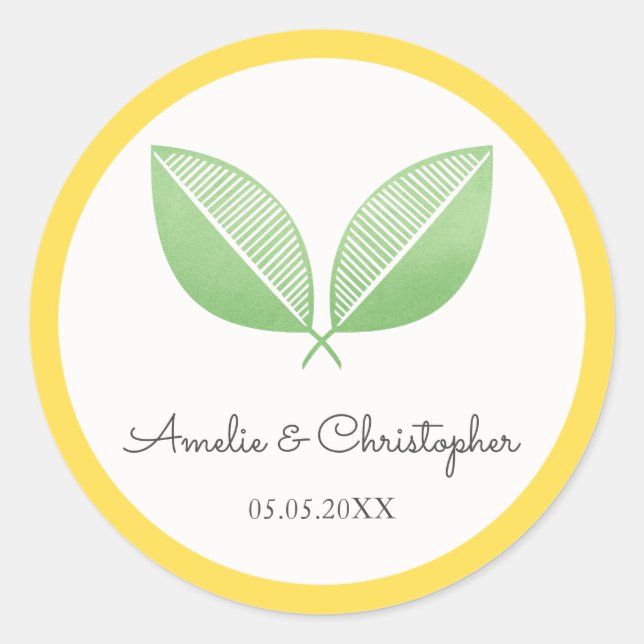 Lemon Leaves Yellow & Green | Personalized Wedding Classic Round Sticker (Front)