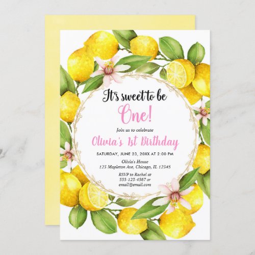 Lemon Lemonade girl 1st birthday invitation