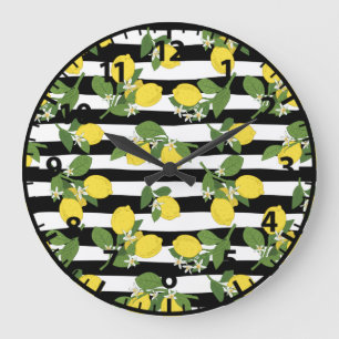 Lemon Lemons Yellow Black Stripes Large Clock