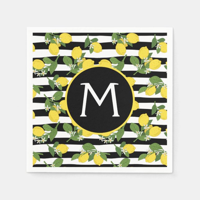 Lemon Lemons Yellow Black Stripes Napkins (Front)