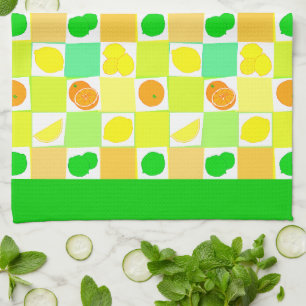 Lemon Lime and Oranges Pattern Green Border Kitchen Towel