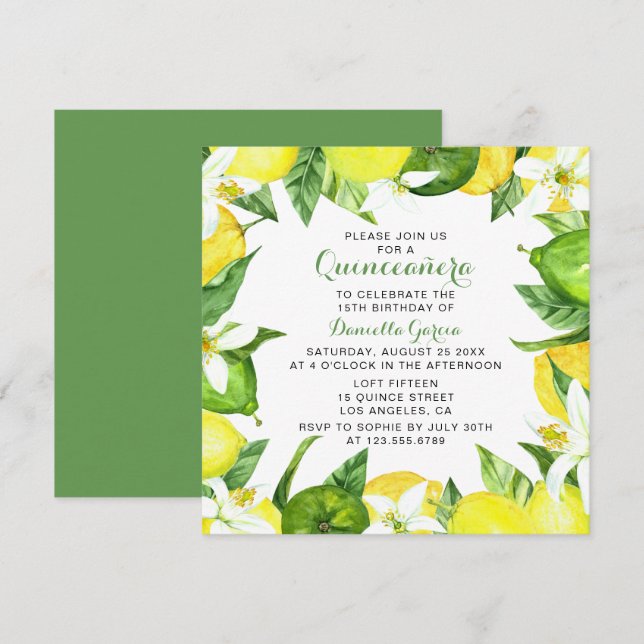 Lemon Lime Citrus Blossom Watercolor Quinceañera Invitation (Front/Back)