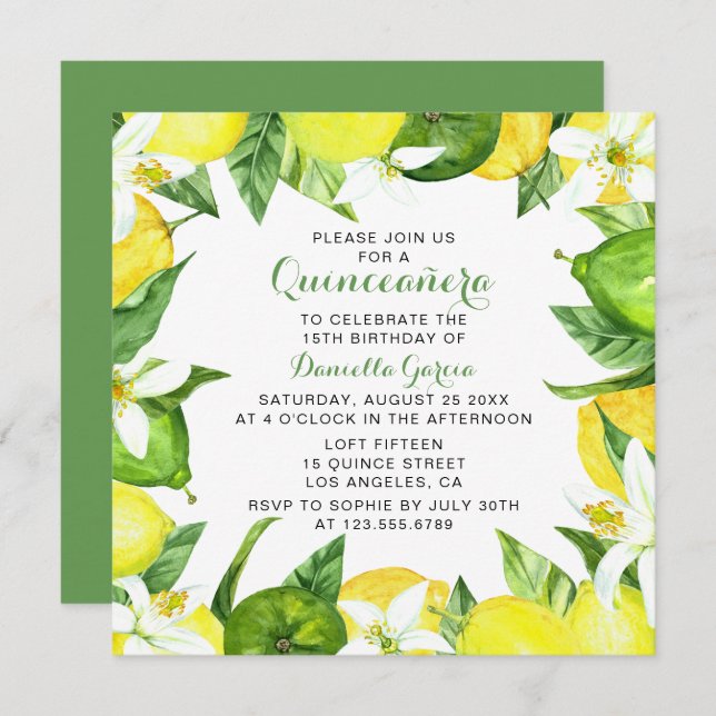 Lemon Lime Citrus Blossom Watercolor Quinceañera Invitation (Front/Back)