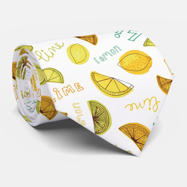 Lemon & Lime Citrus Fruit Pattern Neck Tie (Rolled)