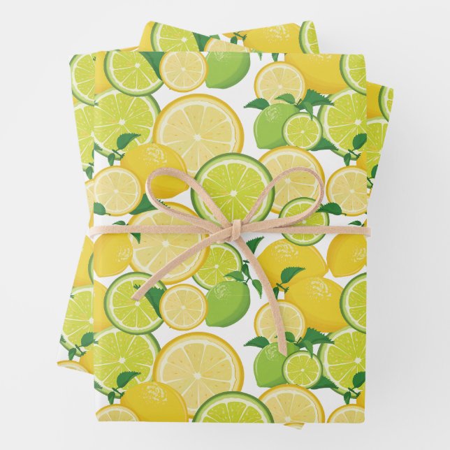  Lemon & Lime Citrus Fruit Pattern Wrapping Paper Sheets (In situ)