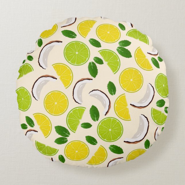 Lemon lime coconut and mint happy cheerful pattern round pillow (Front)