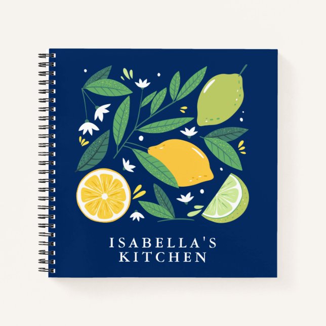 Lemon Lime Fruit Blue Personalized Kitchen Recipe Notebook (Front)