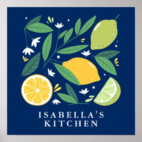 Lemon Lime Fruit Design Blue Personalized Kitchen Poster