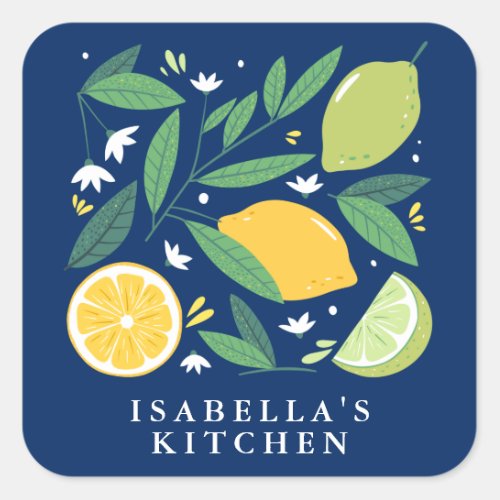 Lemon Lime Fruit Design Blue Personalized Kitchen Square Sticker