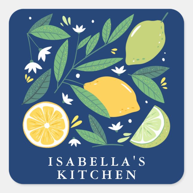 Lemon Lime Fruit Design Blue Personalized Kitchen Square Sticker (Front)