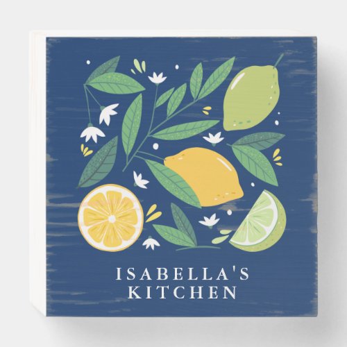 Lemon Lime Fruit Design Blue Personalized Kitchen  Wooden Box Sign