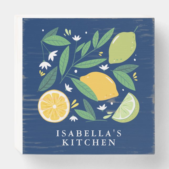 Lemon Lime Fruit Design Blue Personalized Kitchen  Wooden Box Sign (Front Horizontal)