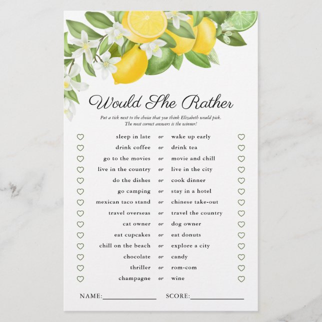 Lemon Lime Greenery Bridal Shower Game (Front)