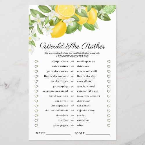 Lemon Lime Greenery Bridal Shower Game - Make your citrus themed bridal shower one to remember with this elegant "would she rather" bridal party game! Featuring lush watercolor summer lemons, limes & green foliage, love hearts, and the brides details which can easily be personalized.