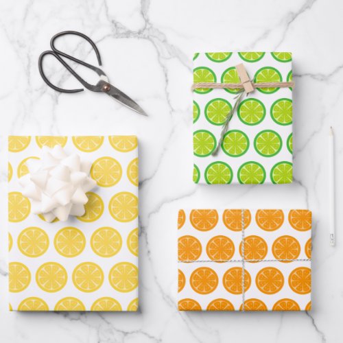 Lemon Lime Orange Fruit Wrapping Paper Set of 3