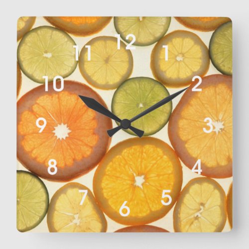 Lemon Lime Orange Grapefruit Citrus Fruit Slices Square Wall Clock