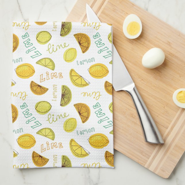 Lemon & Lime Zesty Fruit Pattern Kitchen Towel (Quarter Fold)