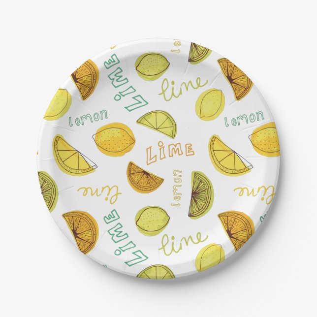 Lemon & Lime Zesty Fruit Pattern Paper Plates (Front)