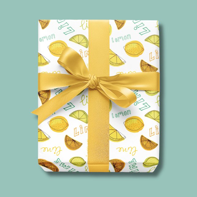 Lemon & Lime Zesty Fruit Pattern Wrapping Paper (Lemon & Lime Citrus Fruit Wrapping Paper rolls)