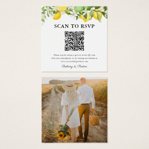 Lemon Limes QR Code Photo Wedding RSVP - Spring Summer wedding rsvp enclosure card featuring an array of citrus lemon & lime fruits, botanical foliage, and a QR code that directs your wedding guests to your wedding website where they will be able to reply online. The back of this square card features a photo for you to delete or replace with your own.