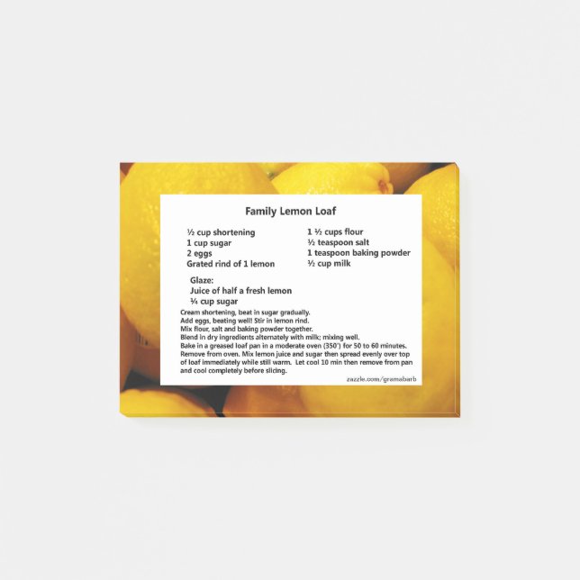 Lemon Loaf Recipe Notes (Front)